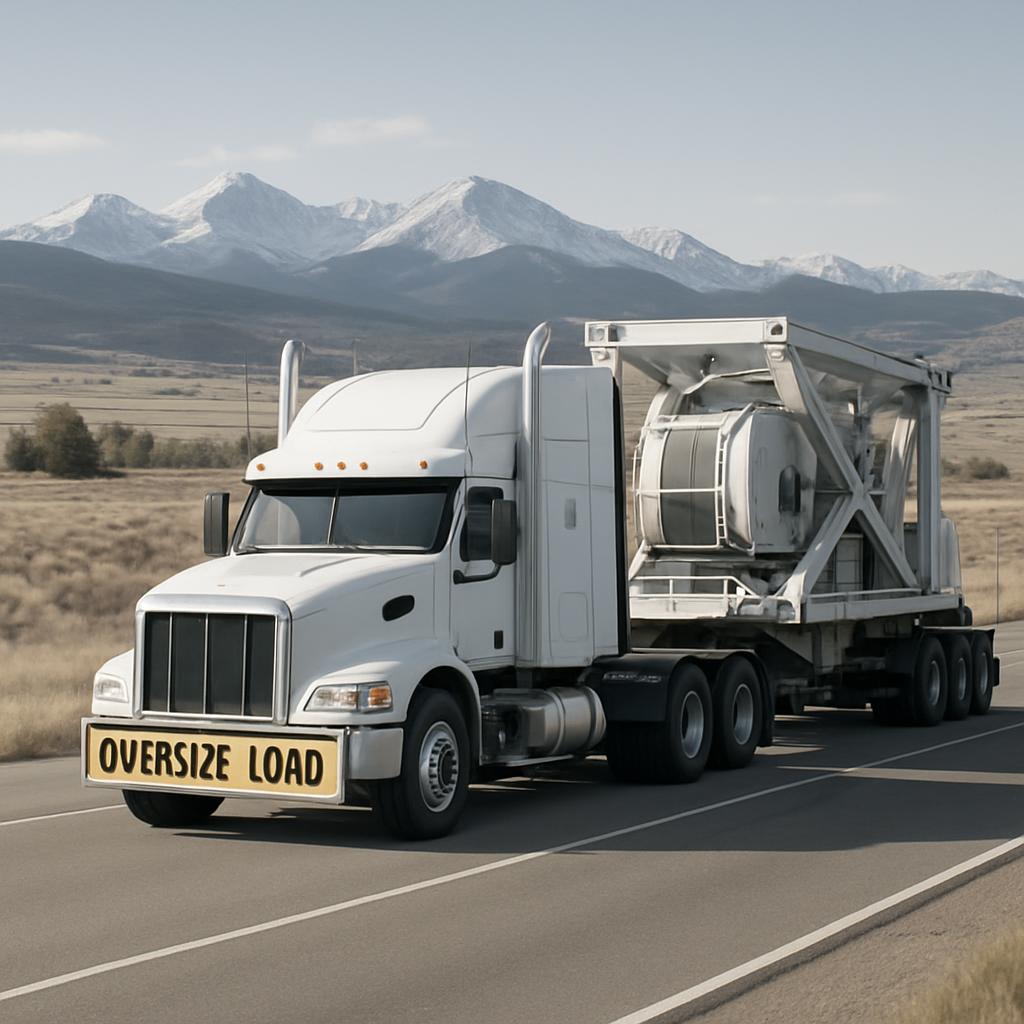 A large white tractor-trailer driving on an asphalt road; it is oversized, and a yellow sign on the front grille says "OVE...