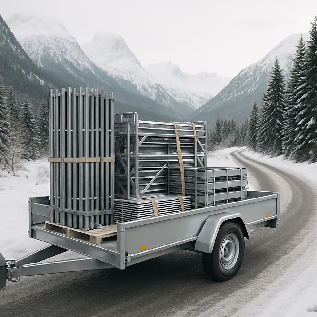 A silver trailer loaded with metal frames and boards on a snowy road, with snowy mountains in the distance, conveying a se...