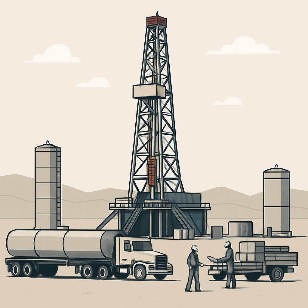 Two individuals are gathered in front of a large oil derrick, a truck carrying a cylindrical cargo, and a silo standing in...