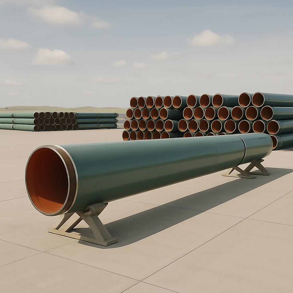 Large green pipes stacked outside.