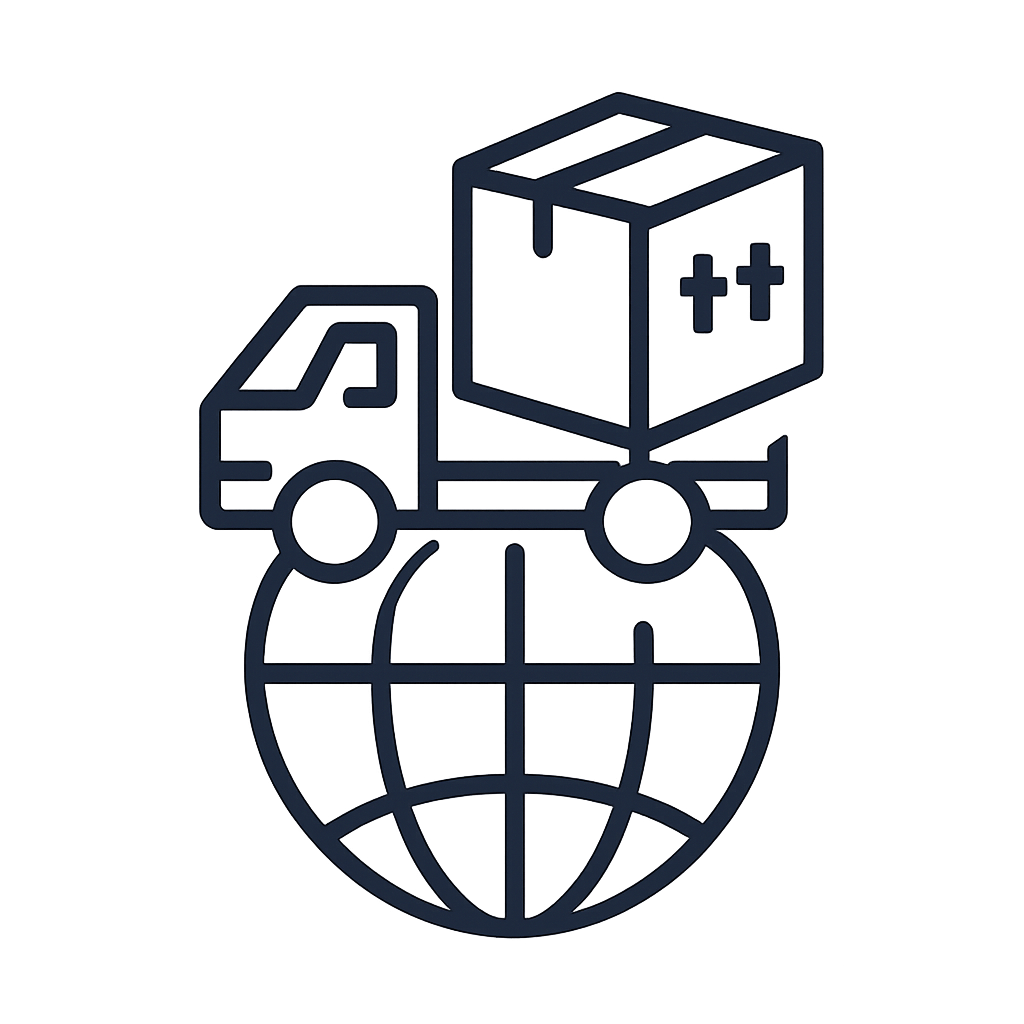 A simple line art of a truck and a box is shown atop a globe.
